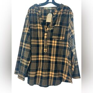 NWY Cato Black and Gold Plaid Fleece Long Sleeve Blouse 2X